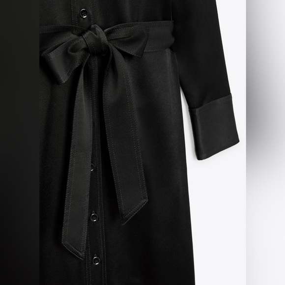 NWT. Zara Black Satin Effect Shirt Midi Dress with Belt. Size S. - Picture 6 of 10
